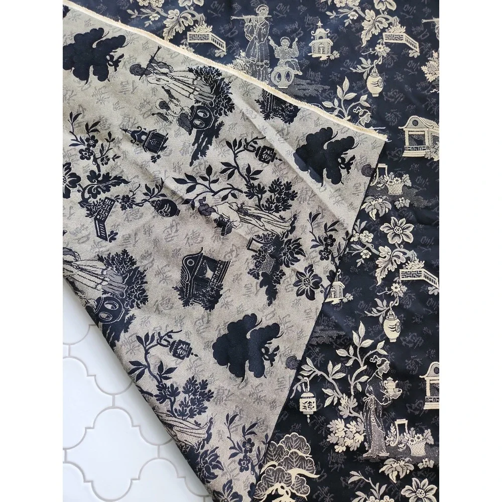 2+yds/Black Tan Chinoiserie Upholstery Damask Fabric Asian Pagodas Tea Service